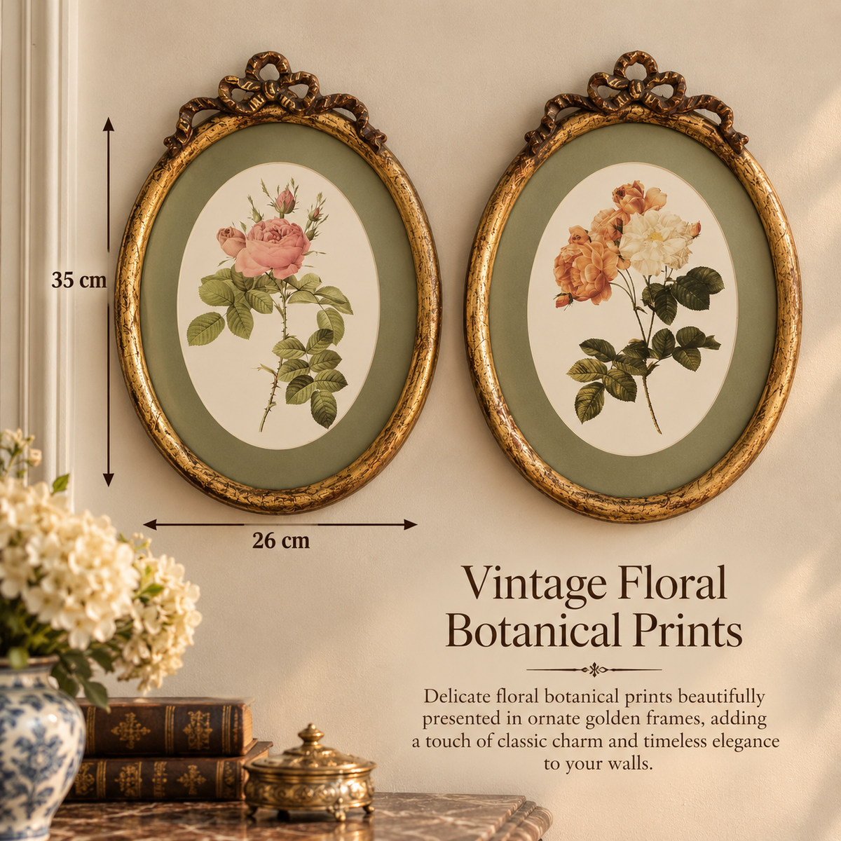 Vintage Rose Botanical Prints in Ornate Golden Frames