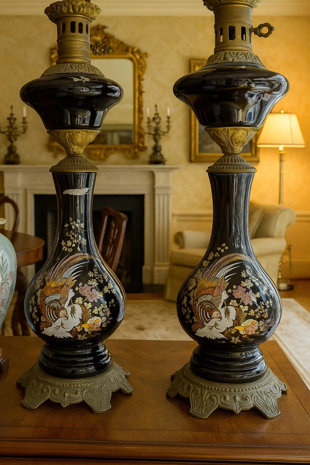 Pair of Antique French Kerosene Lamps with Bronze