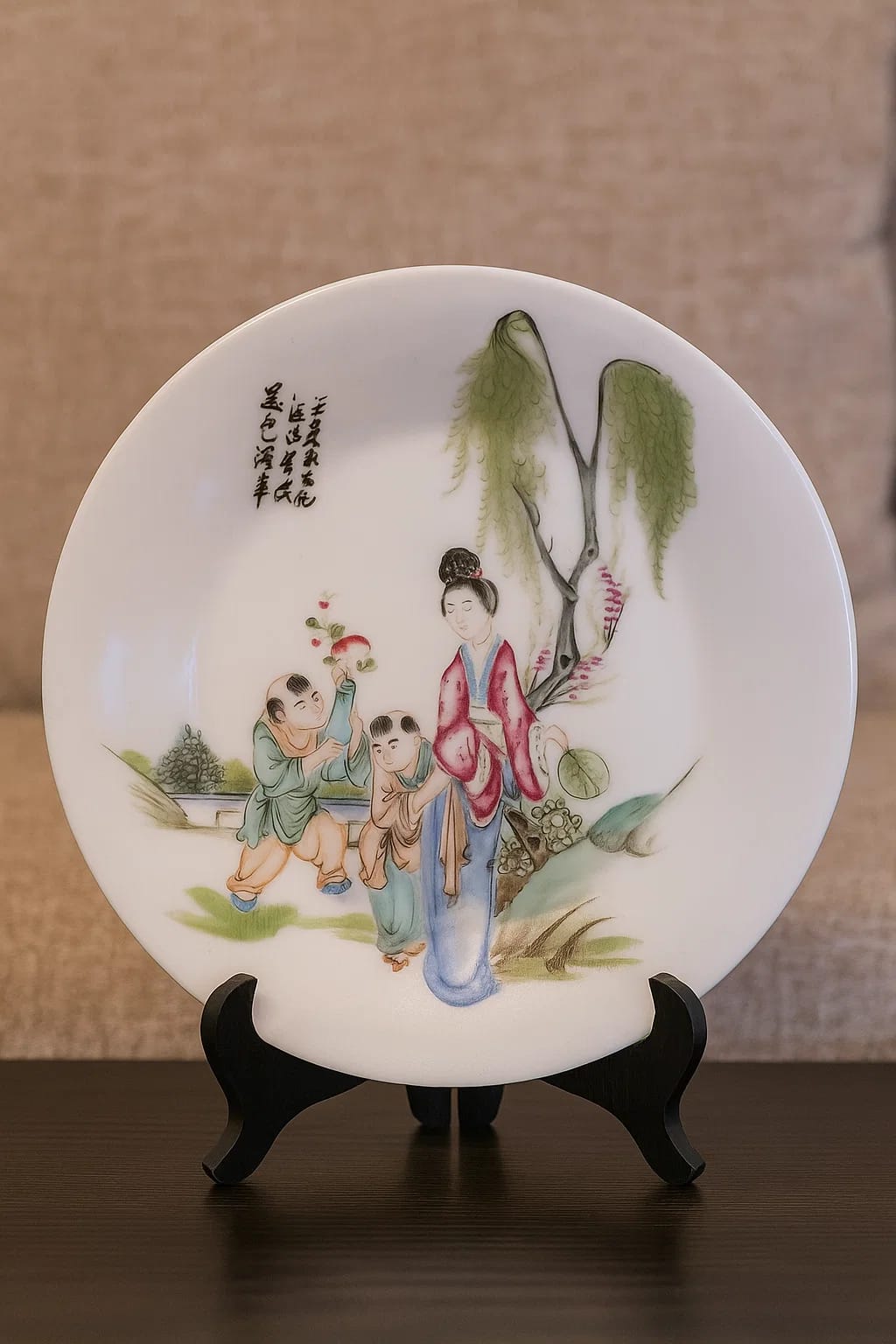 Hand-painted porcelain with traditional Chinese scene
Calligraphy inscription adds aut...