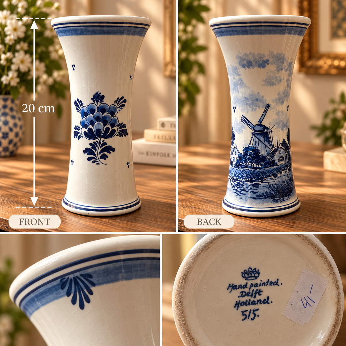 Vintage Delft Holland Hand-Painted Blue & White Windmill Ceramic Vase 20cm Model 515