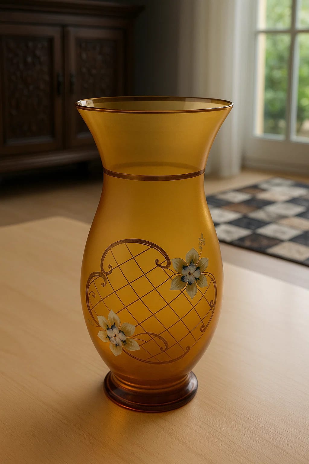Bohemian Glass Vase –
Handcrafted Czech Republic
Amber Glass with Floral Décor
