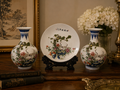 3-Piece Chinese Porcelain Set Vase Pair & Plate with Stand Cranes & Pine Motif