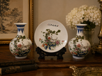 3-Piece Chinese Porcelain Set Vase Pair & Plate with Stand Cranes & Pine Motif