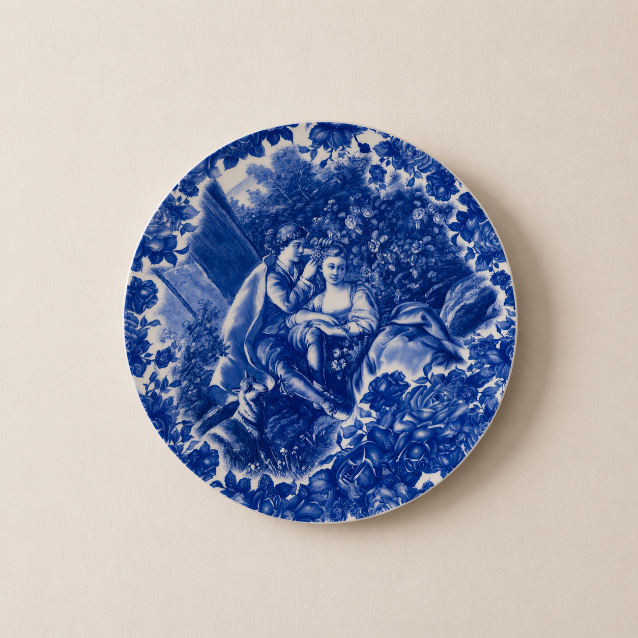 Vintage Bleu Blanc Porcelain Wall Plate – Romantic Garden Scene