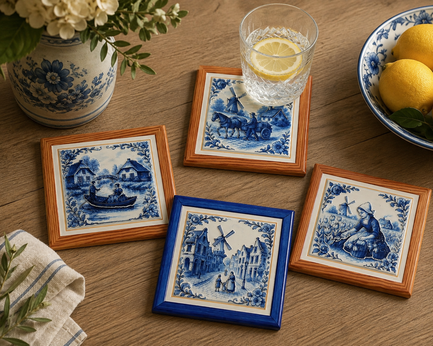 Blue & White Ceramic Dutch Coasters – Set of 4