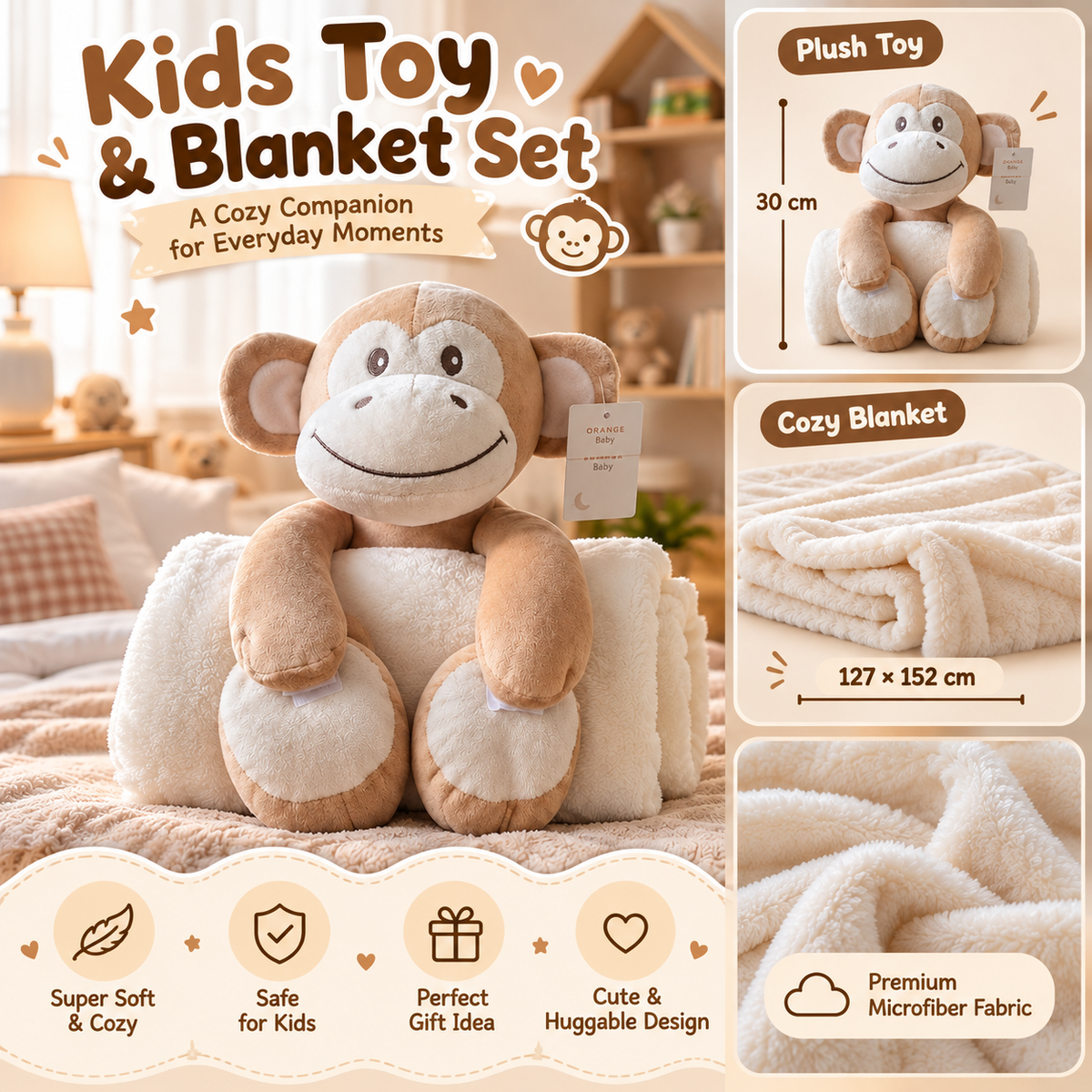 Imported High Quality: Little Monkey Cuddles – Plush Toy & Blanket Set