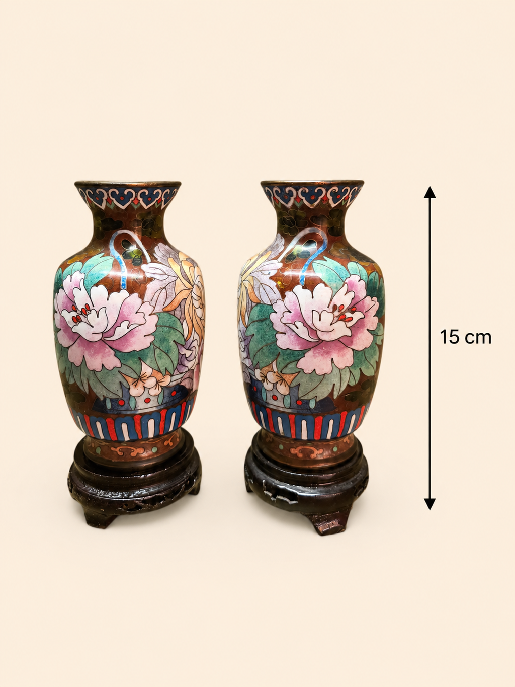 Brown Floral Cloisonné Vase Pair