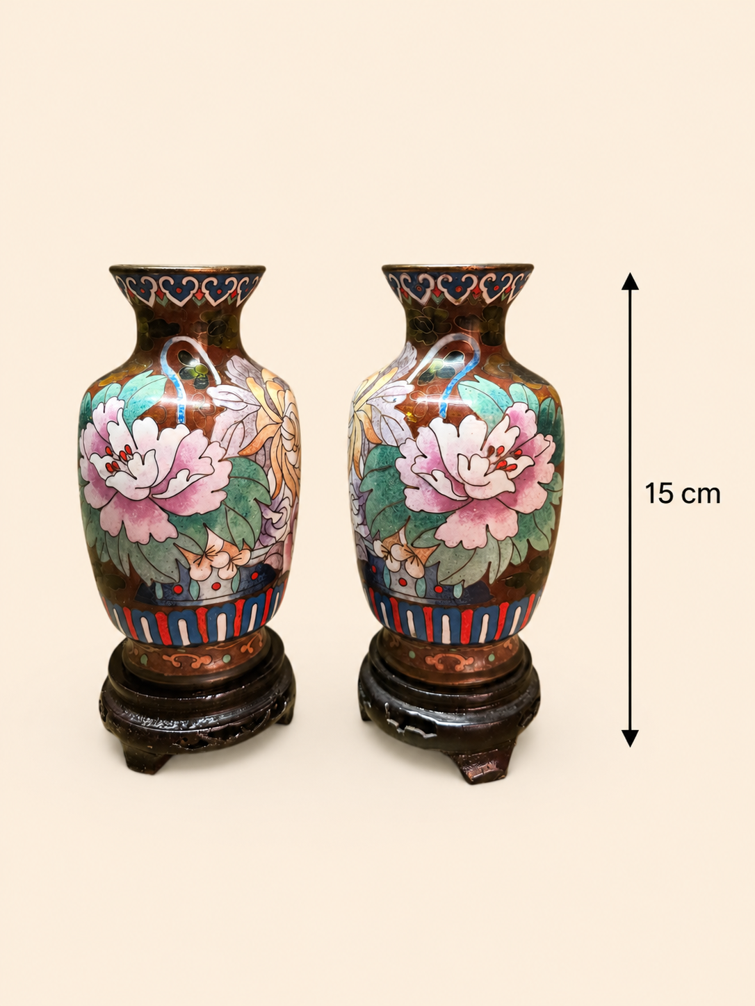 Brown Floral Cloisonné Vase Pair