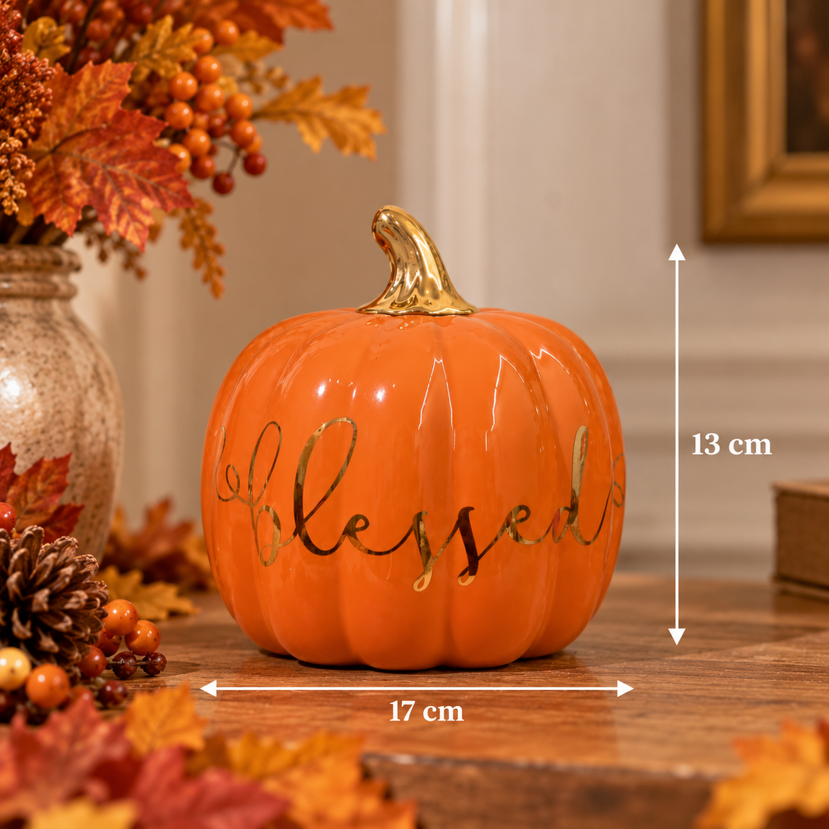 Autumn “Blessed” Ceramic Pumpkin Décor with Gold Stem & Lettering