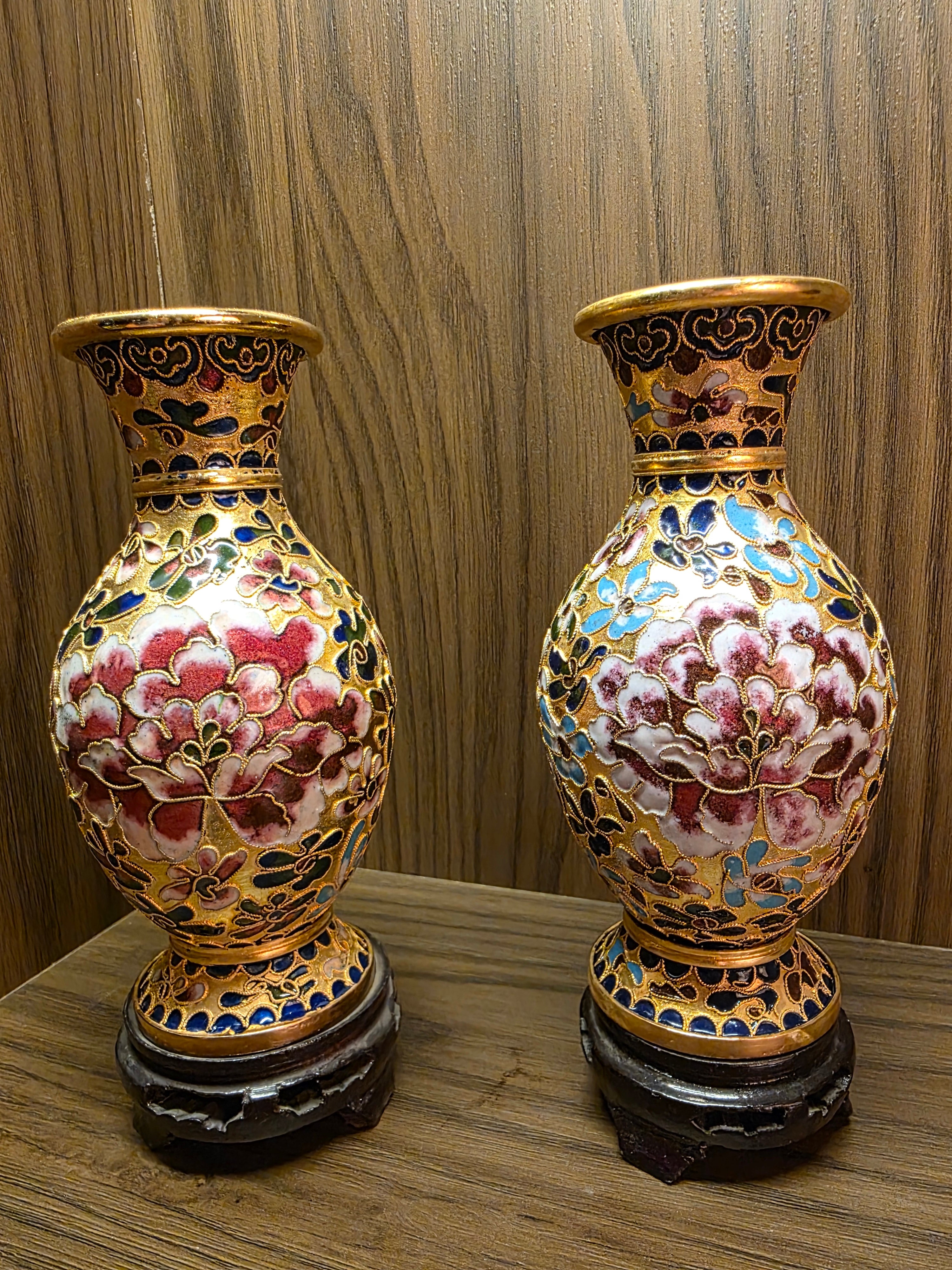 Twin Floral Cloisonné Vases