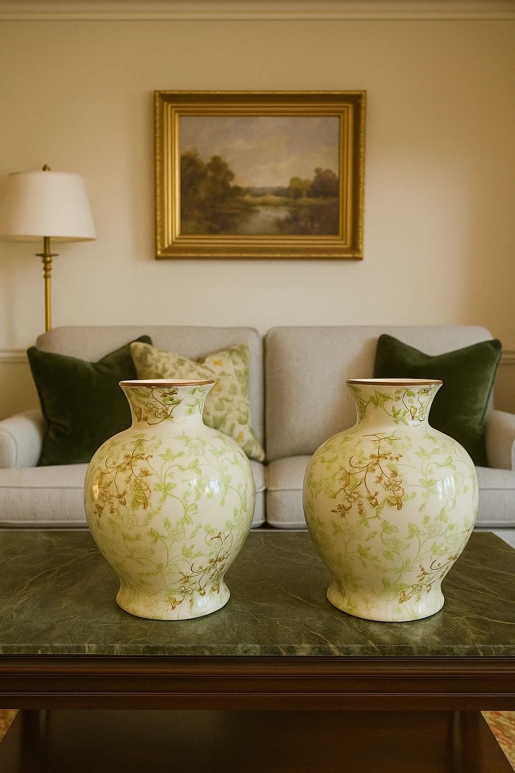 Celadon Floral Ceramic Vases — Set of 2