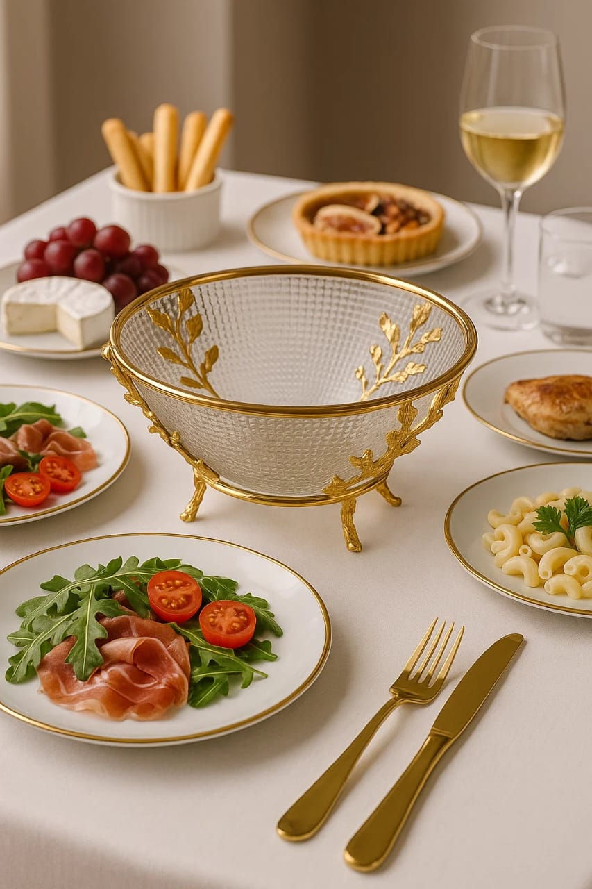 Textured Glass Serving Bowl with Copper Vine Stand — For elegant Serving
