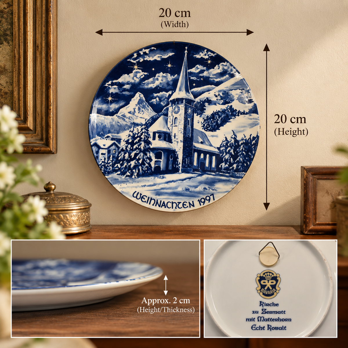 Vintage 1997 Bavaria Cobalt Blue Christmas Plate – Church at Zermatt & Matterhorn