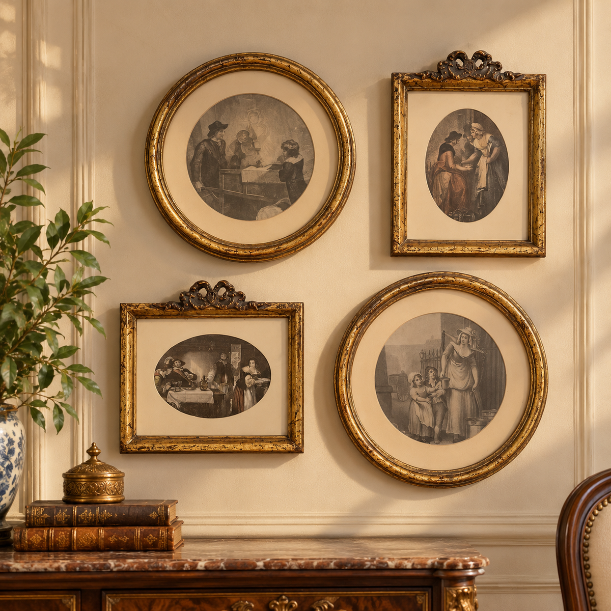 Vintage Gold-Framed Classical Prints – Timeless Wooden Wall Elegance - G1