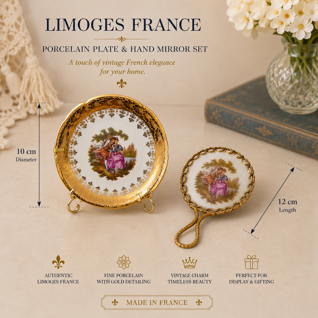 Vintage Limoges France "La Reine" 2-Piece Vanity Set – Miniature Courting Couple Plate & Brass Filigree Hand Mirror