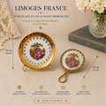 Vintage Limoges France "La Reine" 2-Piece Vanity Set – Miniature Courting Couple Plate & Brass Filigree Hand Mirror