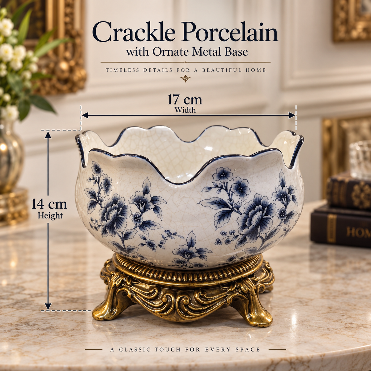 Blue & White Crackle Porcelain Bowl with Ornate Metal Base