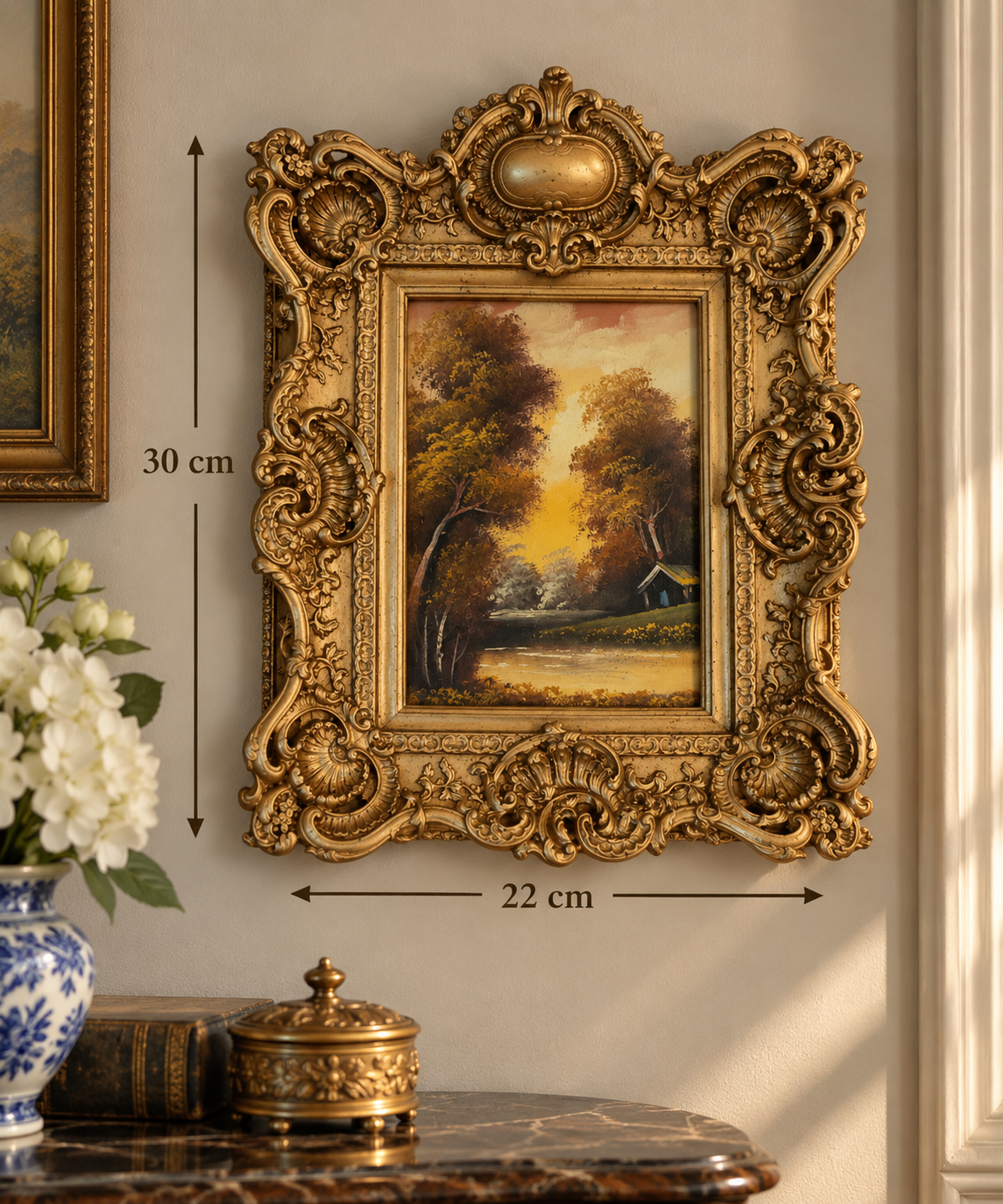 Vintage Sunset Landscape Oil Painting in Ornate Gold Frame