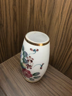 Vintage French Hand-Blown Opaline Glass Cask Vase with Hand-Painted Cabbage Roses and Gold Trim