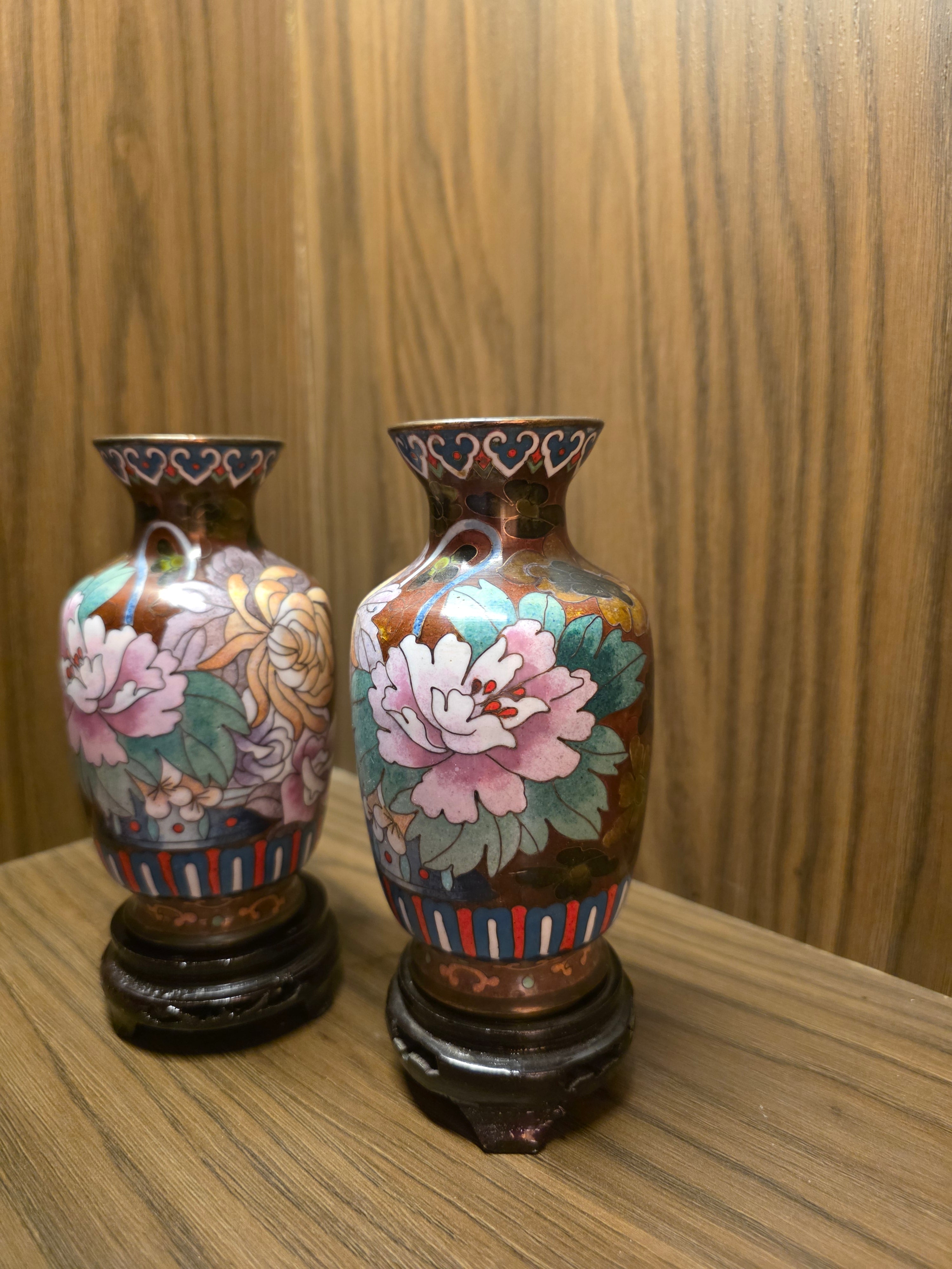 Brown Floral Cloisonné Vase Pair