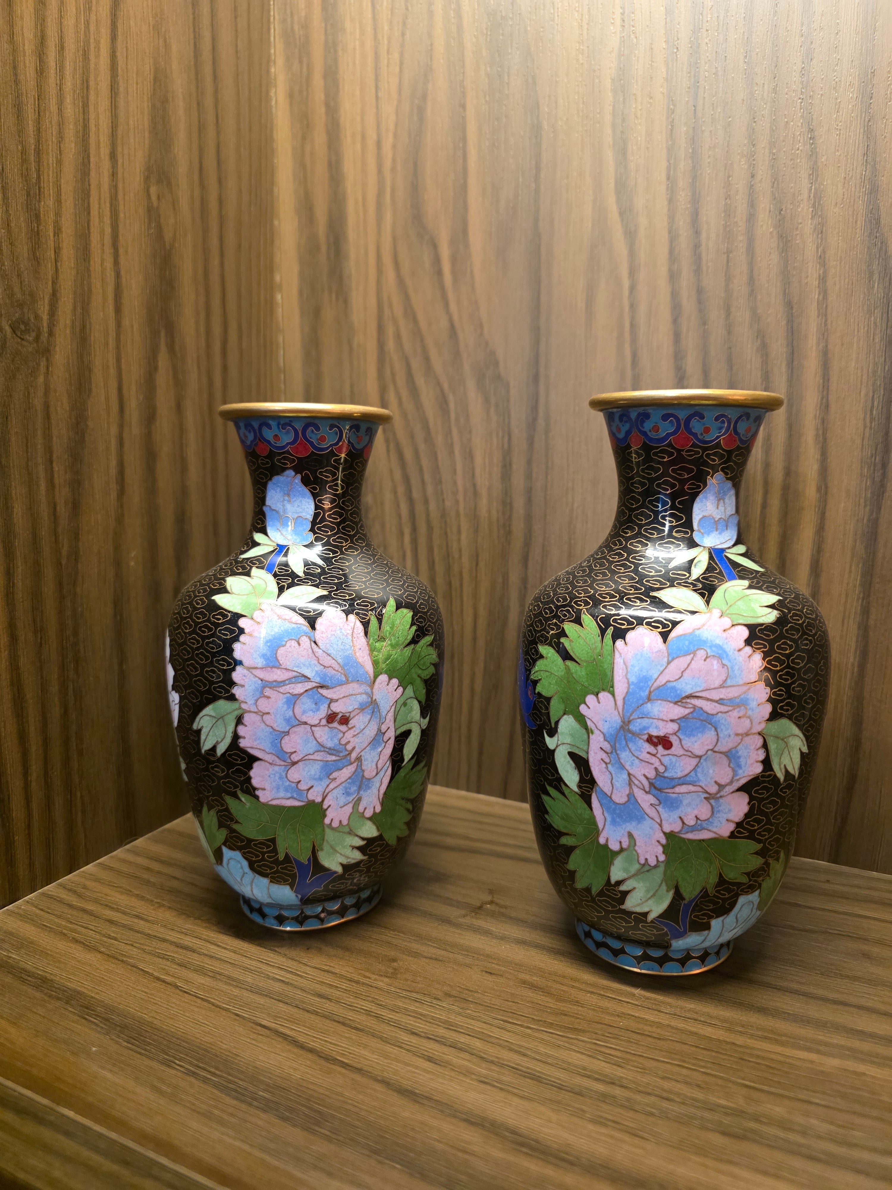 Floral Cloisonné Vase Duo