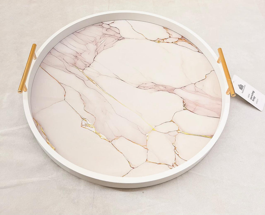 Imported Blush Marble Elegance Wooden Round Serving Tray - 50 cm - Home Center UAE