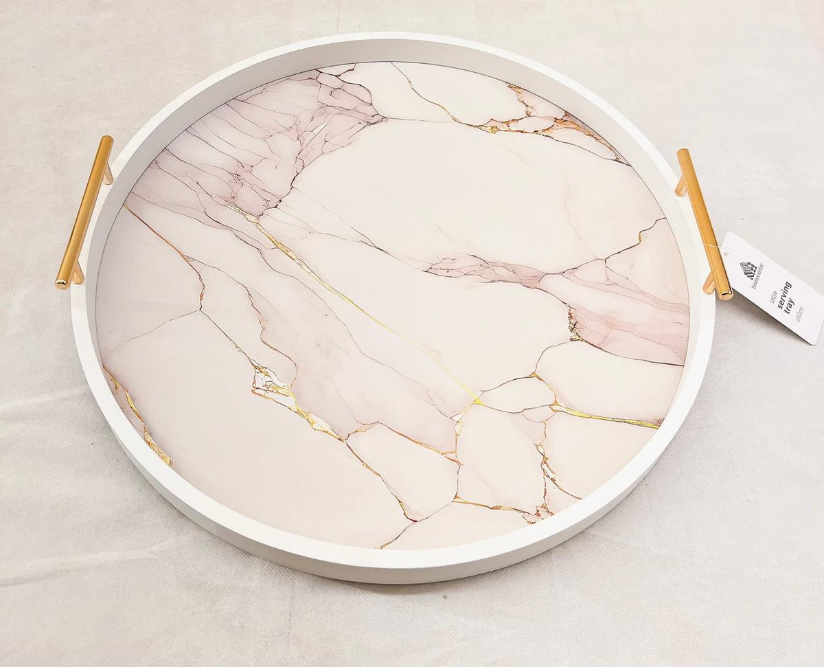 Imported Blush Marble Elegance Wooden Round Serving Tray - 50 cm - Home Center UAE