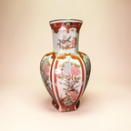 Hand-Painted Japanese Vase: Red-Gold Florals on Ceramic