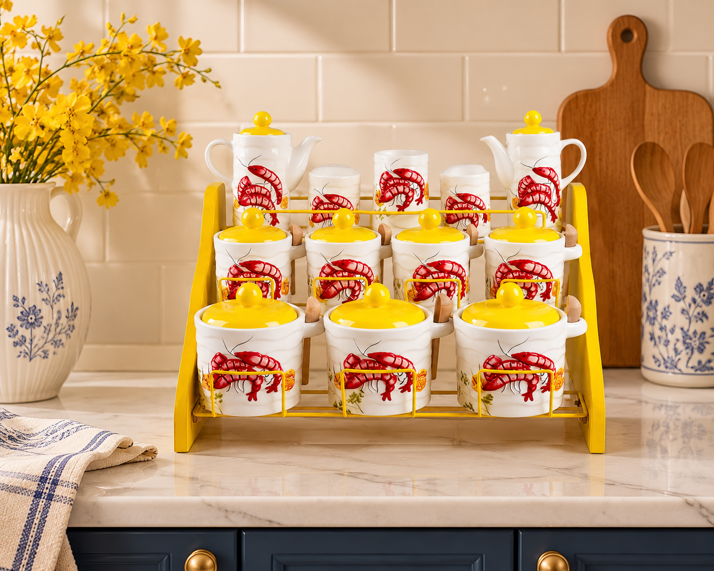 Lobster Ceramic Kitchen Condiment Set with Display Rack 🦞