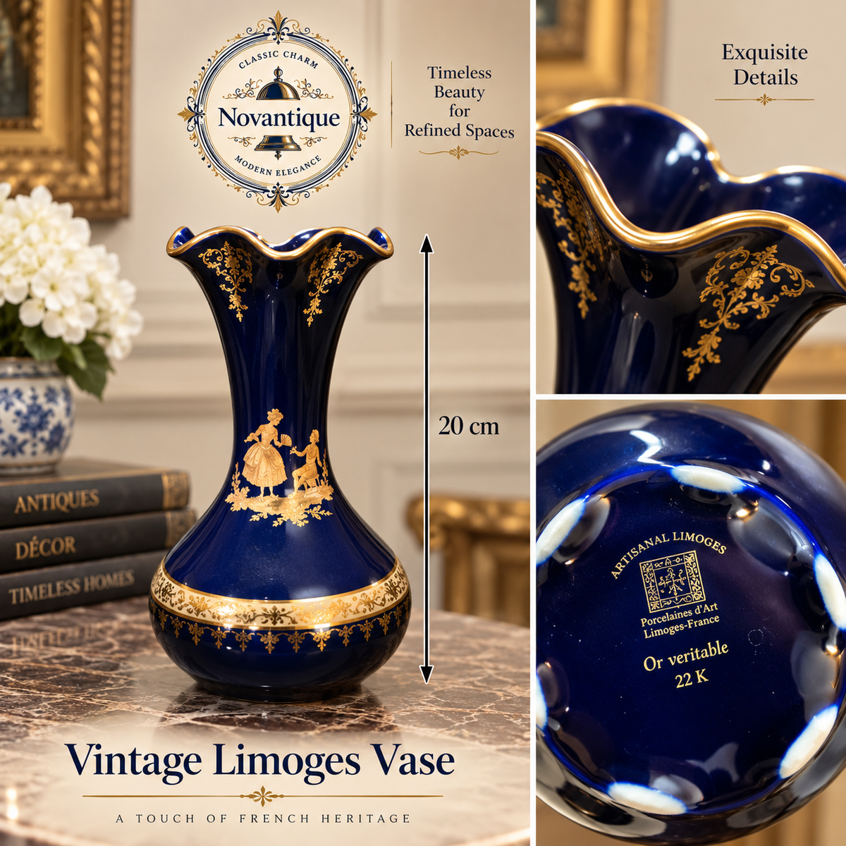 Vintage Artisanal Limoges France Cobalt Blue Vase 20cm – 22K Gold Courting Couple