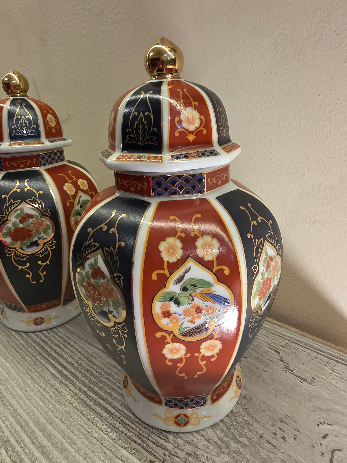 Vintage Kazan-sei Porcelain Urns, Hand-Painted Japanese Imari Floral & Bird Design