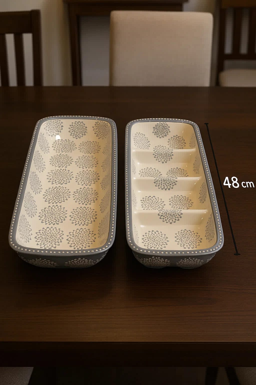 1 long open tray and 1 long sectioned platter with four compartments