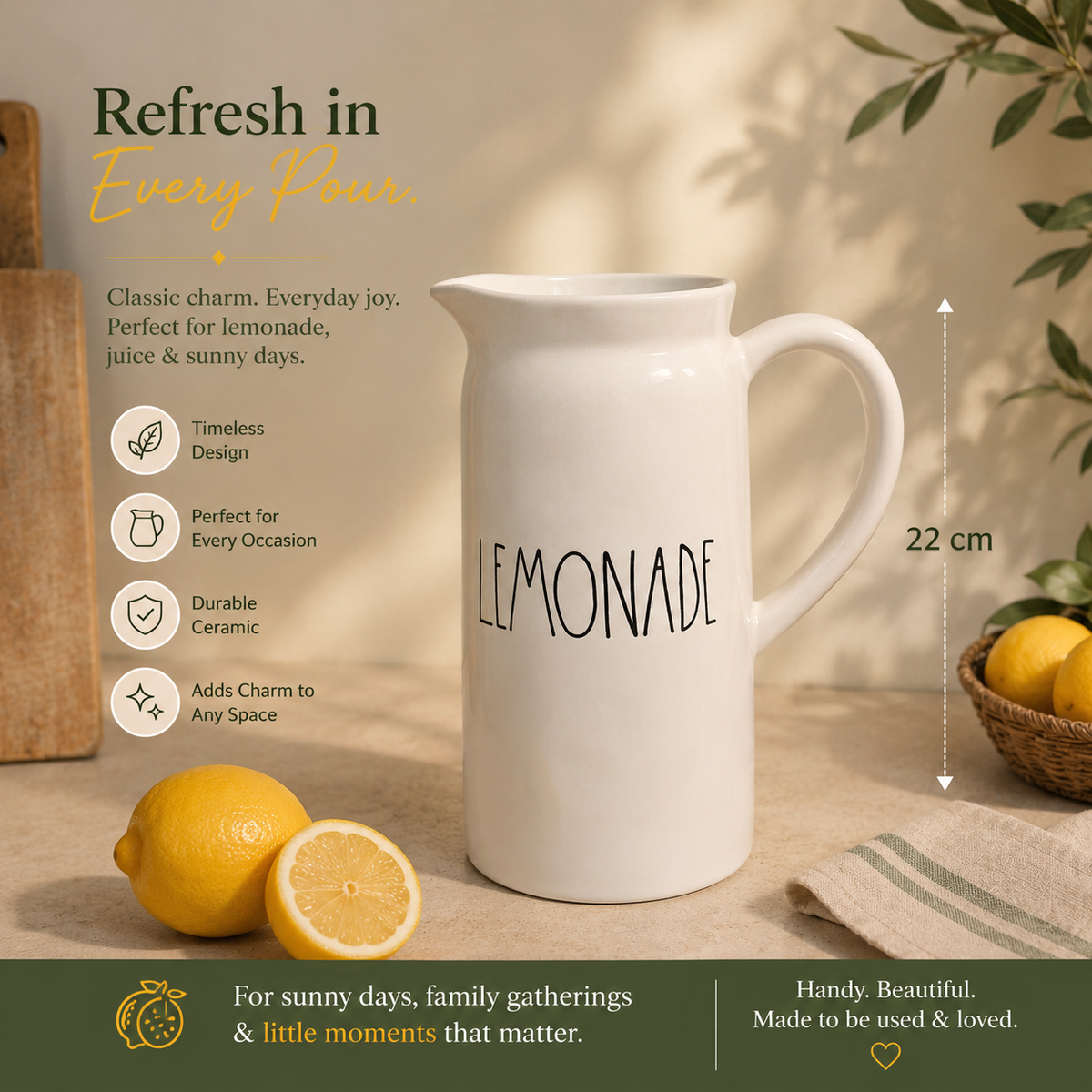 Classic Lemonade Ceramic Pitcher – 22 cm