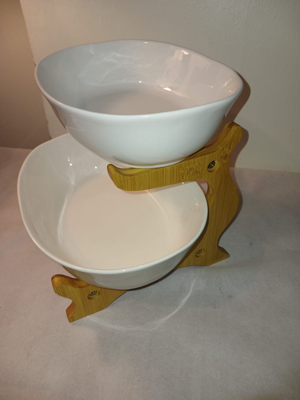 Tiered Ceramic Serving Bowls with Wooden Stand