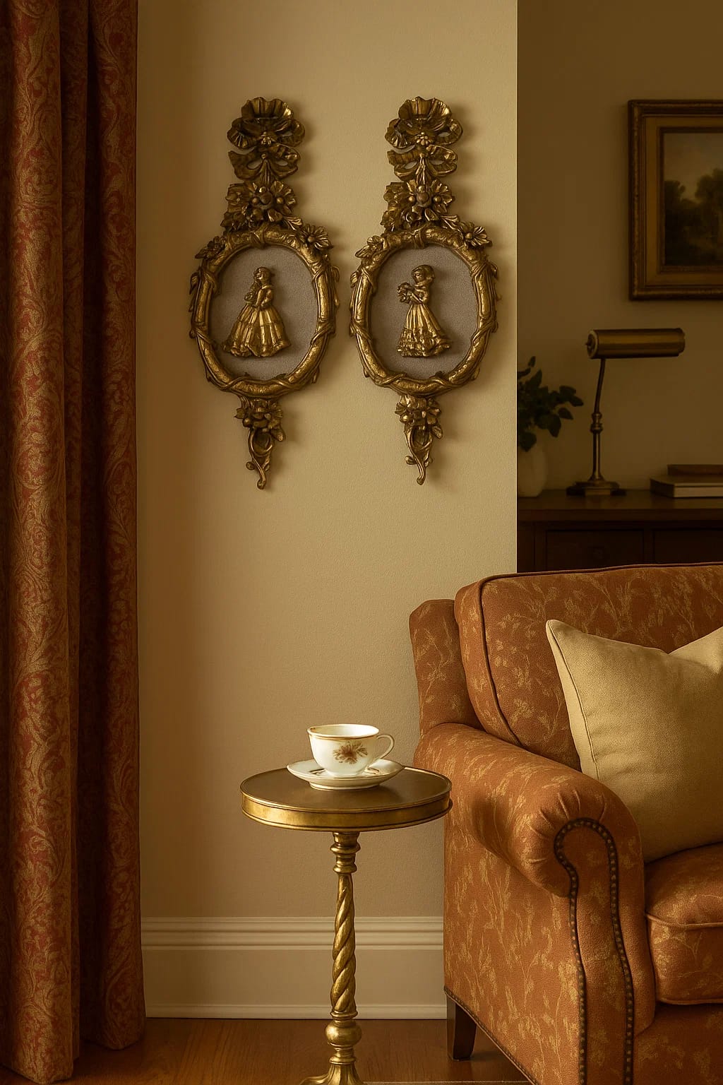 Ornate Gilded Wall Plaques with Relief Figures — Set of 2