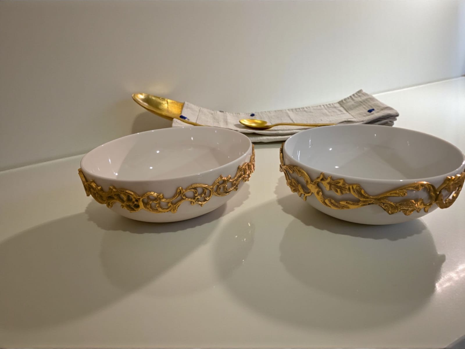 White Porcelain Bowls with Copper Vine Rim — Set of 2