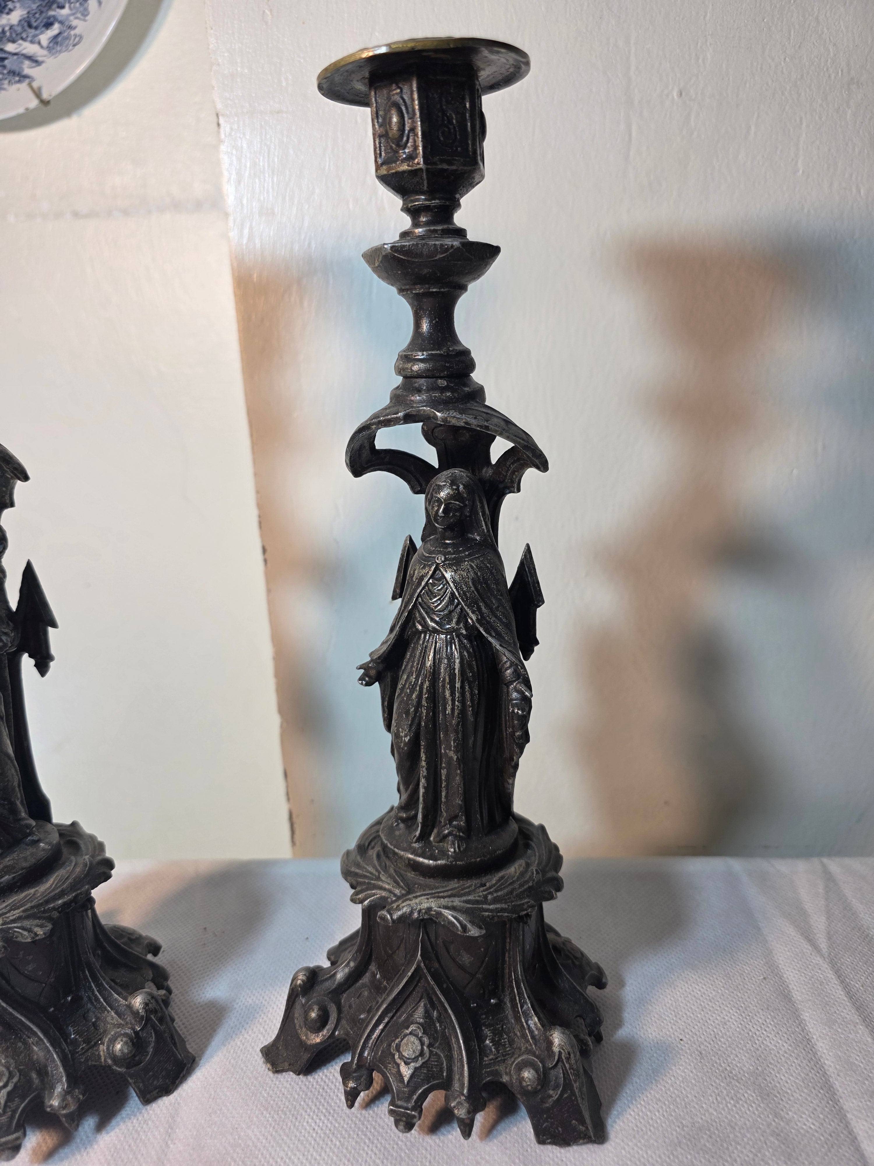 Antique French Gothic Angel Candlestick Pair