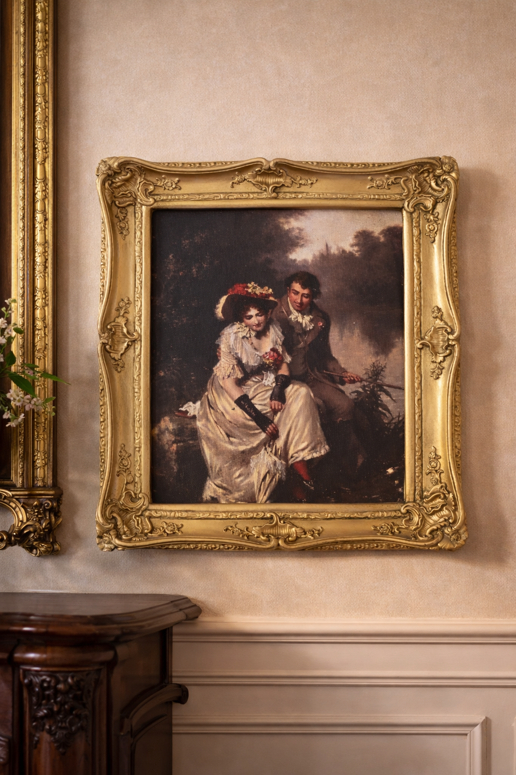 Romantic Vintage Couple Artwork in Ornate Gilded Frame