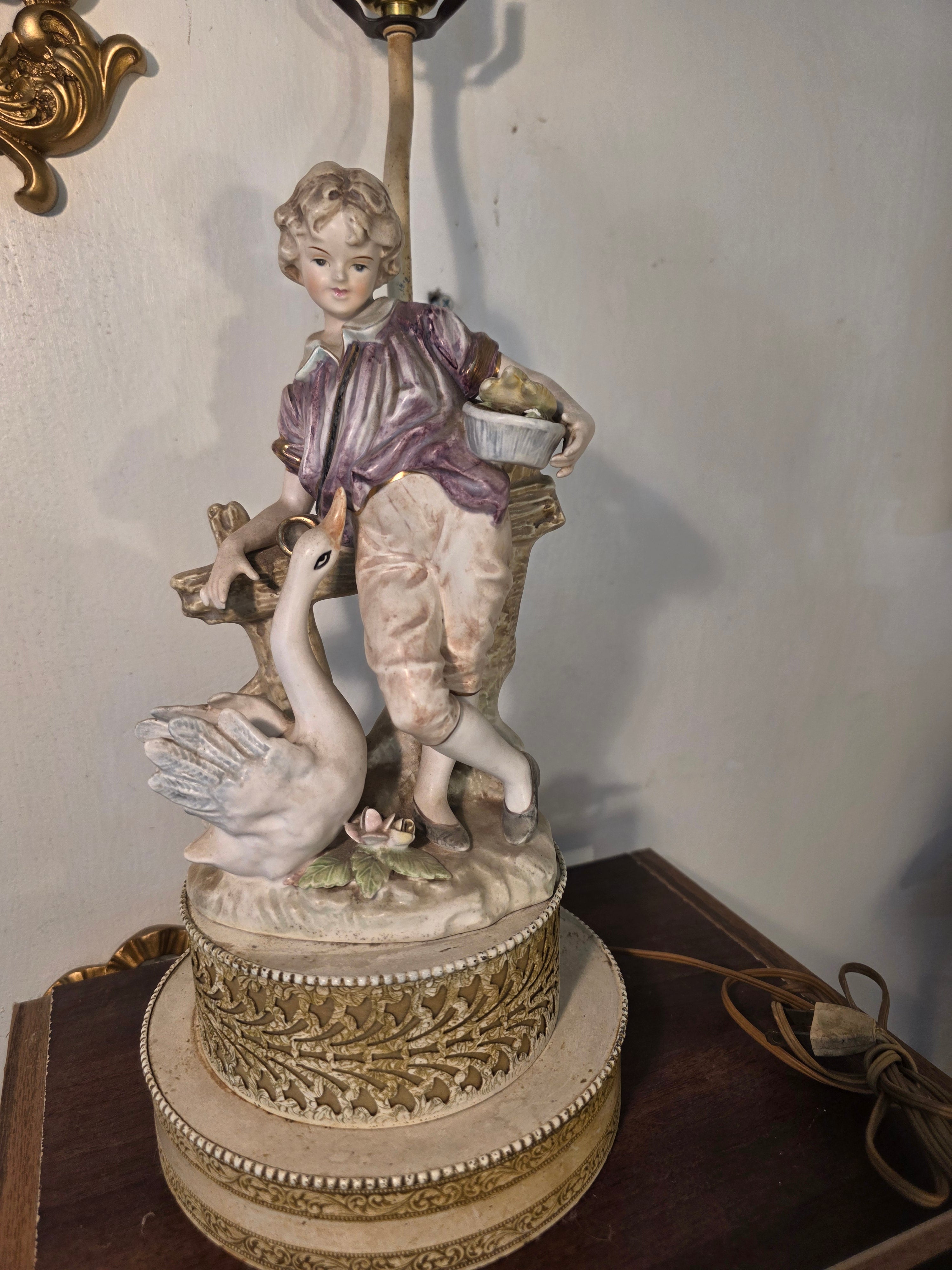 European Vintage decorative porcelain lamp base (boy with goose)