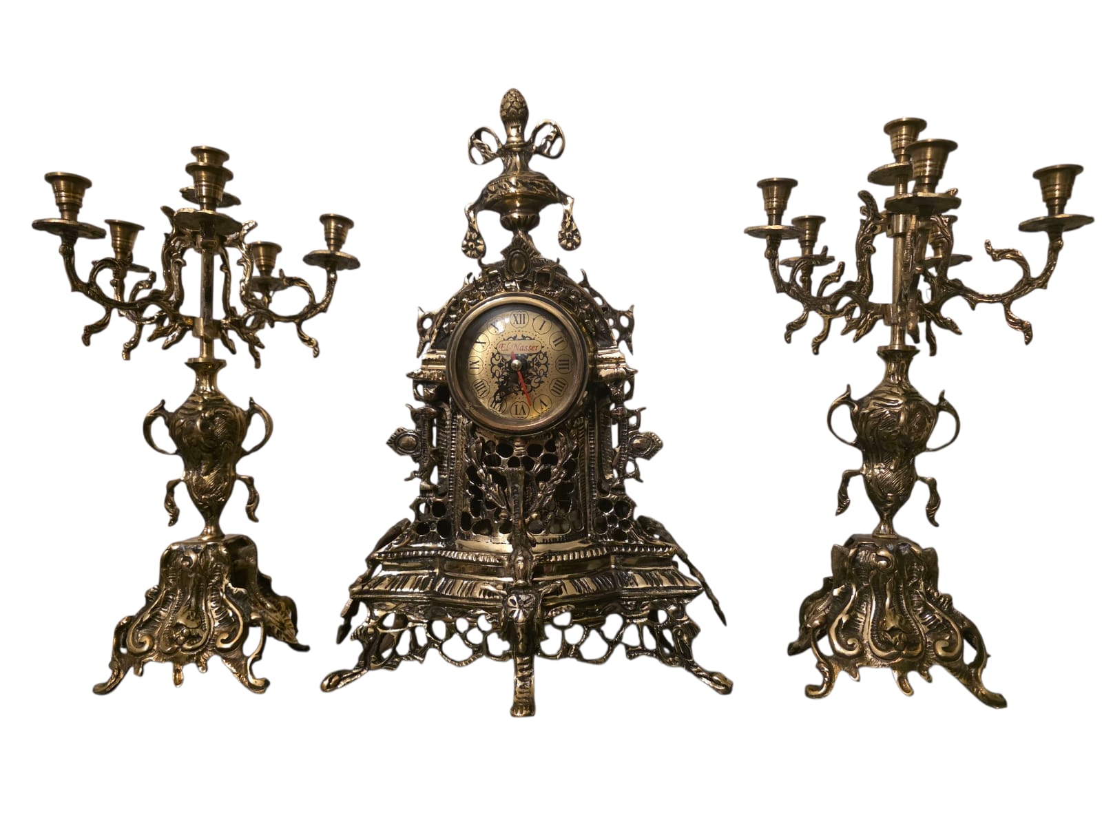 Ornate Copper Clock & Candelabra Garniture — 3-Piece Set