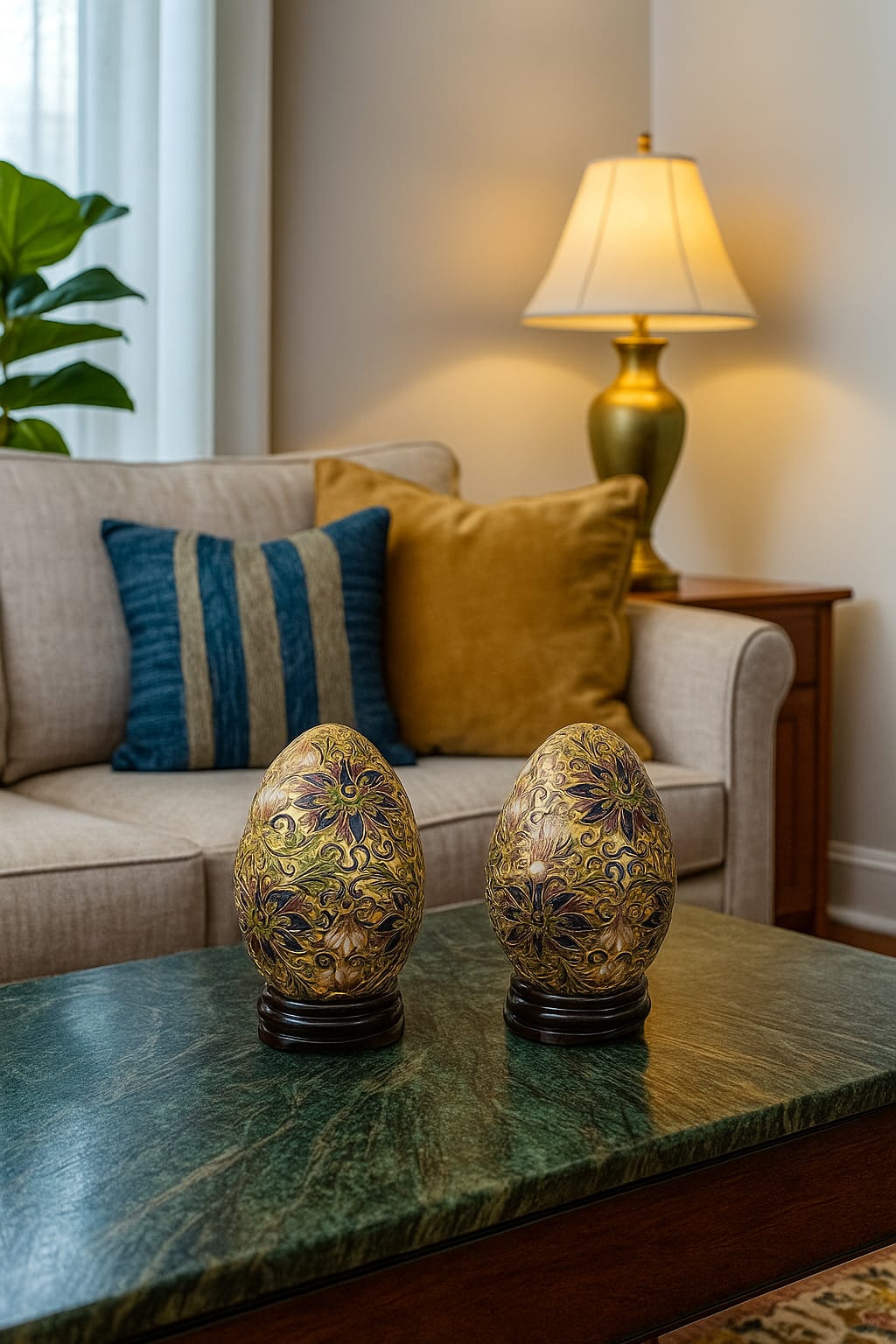 A luminous pair of cloisonné eggs, handcrafted with intricate detailing.