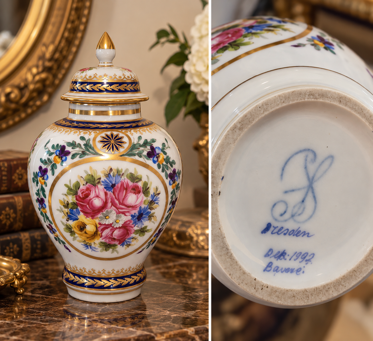 Rare Dresden Porcelain Floral & Gold Ginger Jar by Carl Thieme (20cm)
