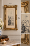 Ornate Antique-Gold Resin Frame with Vintage Social Scene