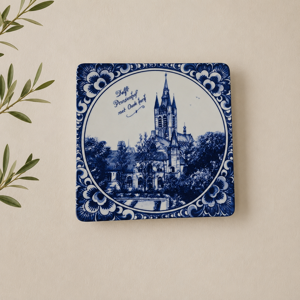 Vintage Boch La Louvière Delft Blue Wall Plaque – Prinsenhof with Oude Kerk