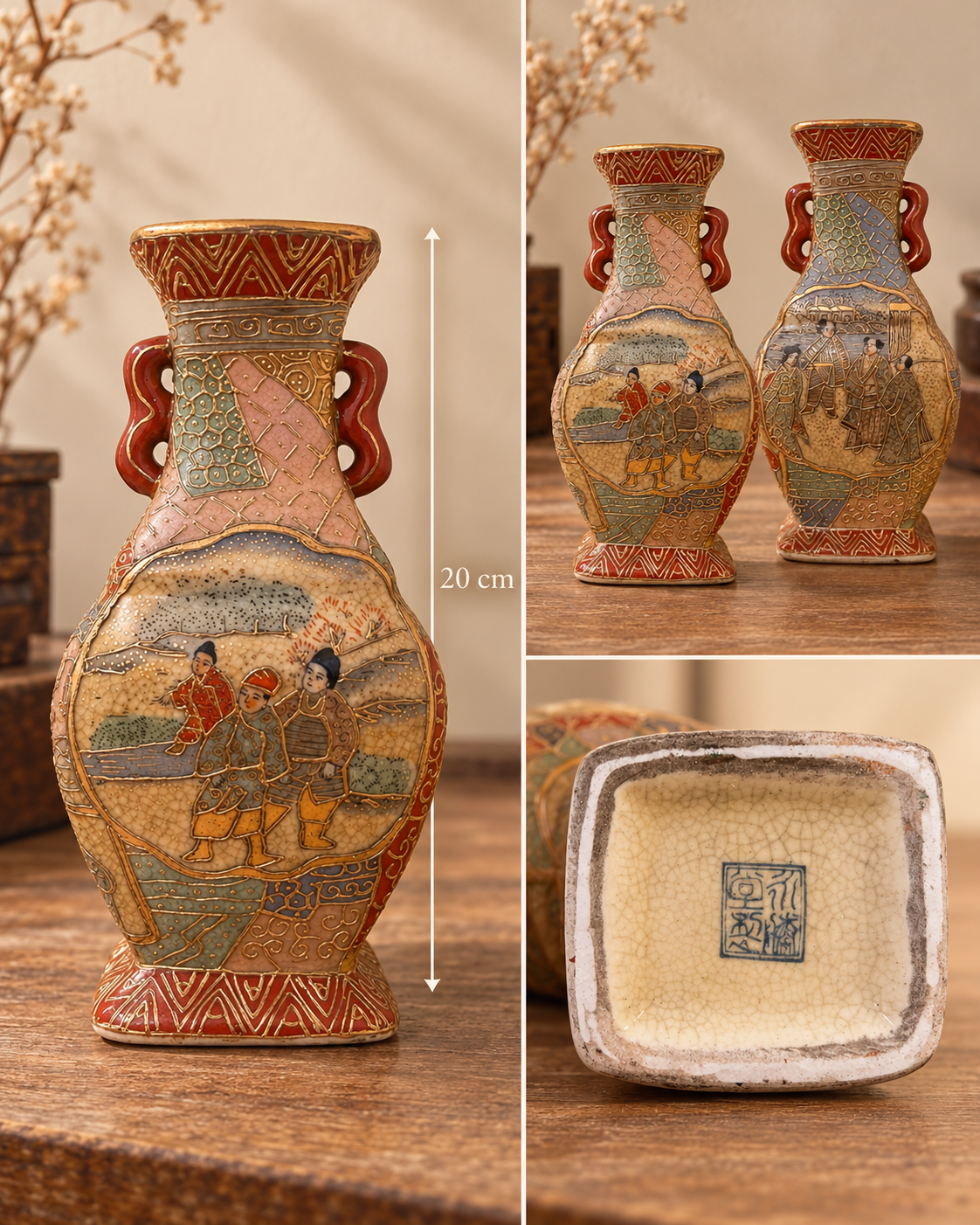 Pair of Vintage Chinese Satsuma Style Vases Figural Scene Crackle Glaze