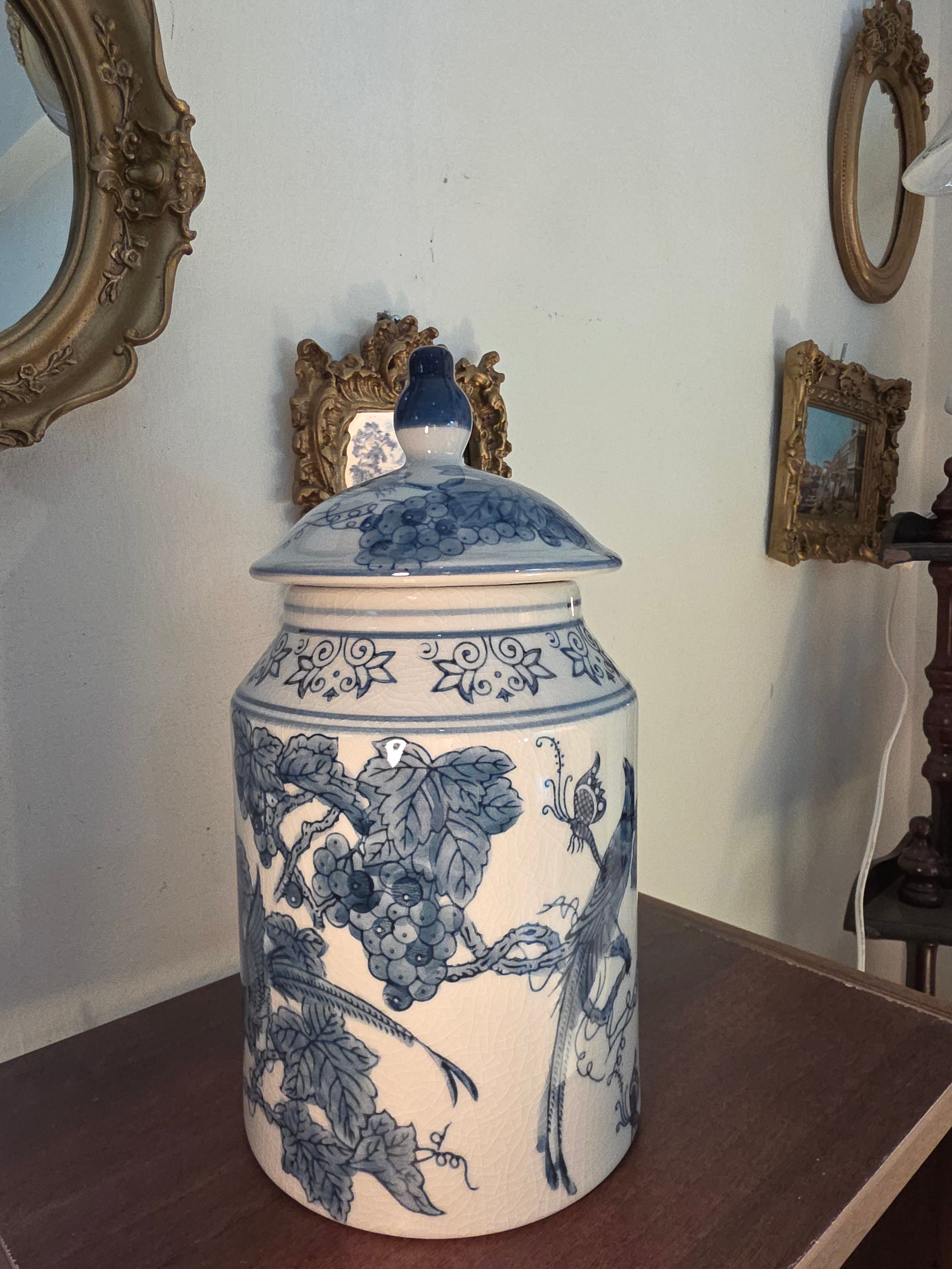 Bleu Blanc Porcelain Lidded Jar – Bird & Vineyard Motif