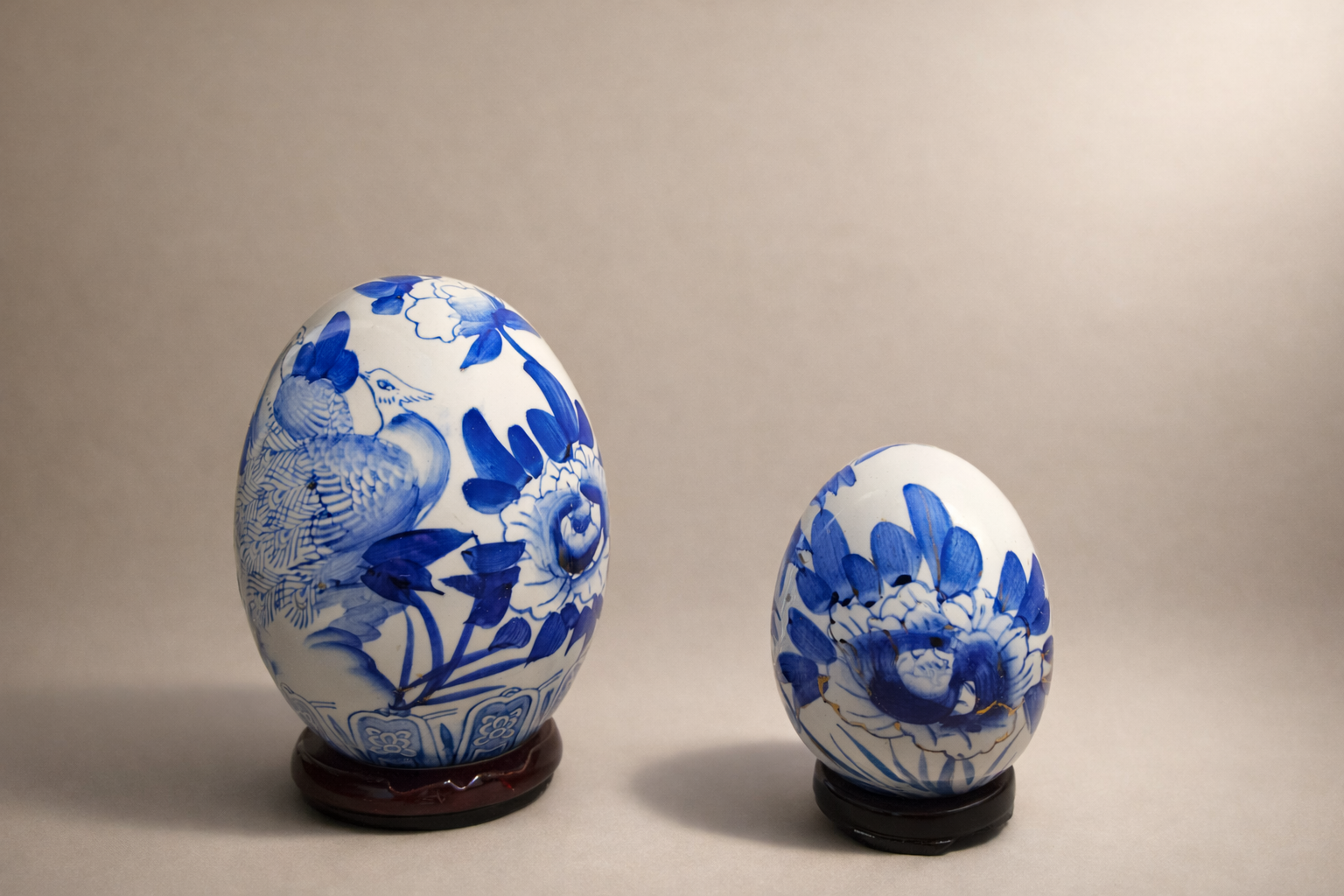 Blue & White Porcelain Eggs — two hand-painted