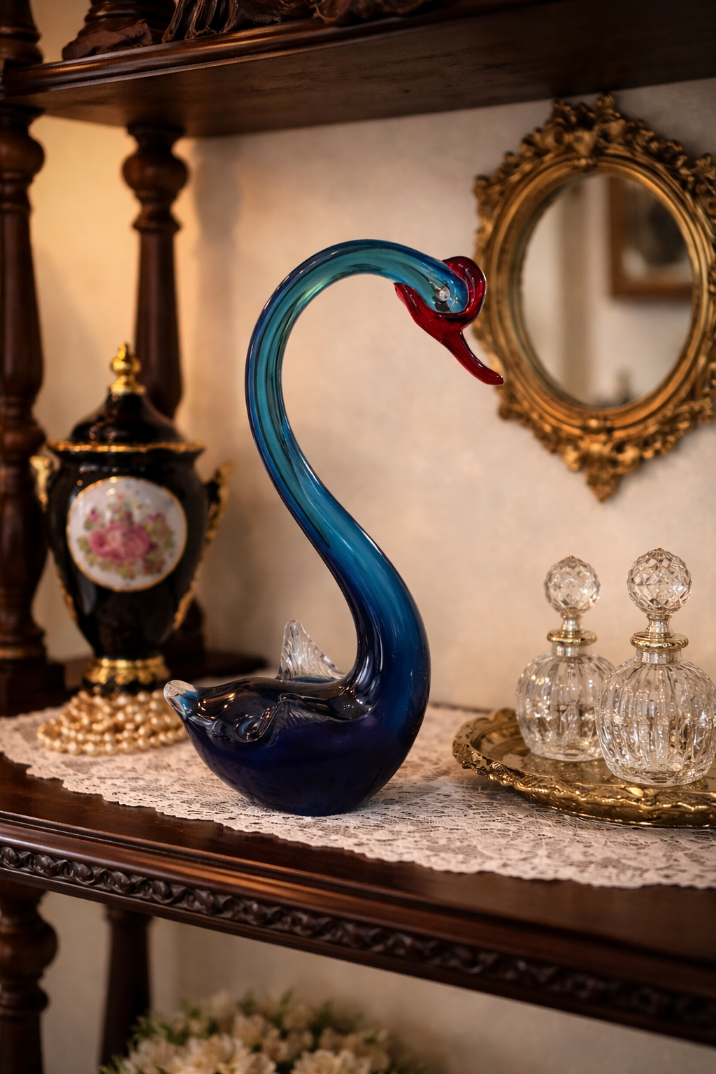 Murano blue swan with red beak