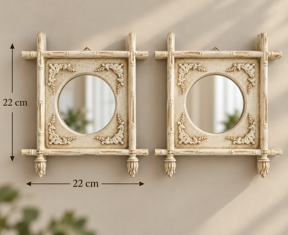 Pair of Distressed Ivory Chinoiserie-Style Mirrors