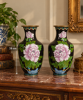 Vintage Black Cloisonné Peony Vases – Timeless Floral Elegance